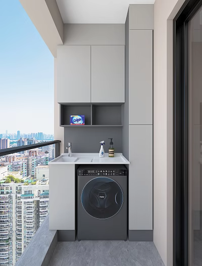 Modern Home Balcony Design With Gray Cabinets Sink Washing Machine And City View 3d model