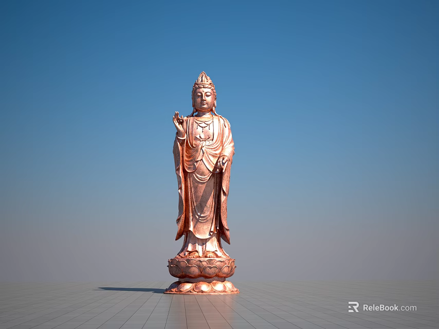 Standing Copper Buddha Sculpture With Lotus Base And Blue Sky Background 3d model 