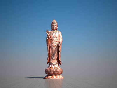 Standing Copper Buddha Sculpture With Lotus Base And Blue Sky Background 3d model
