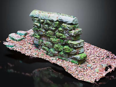 Natural Rustic Stone Wall Covered In Moss With Broken Stones And Colorful Particles 3d model