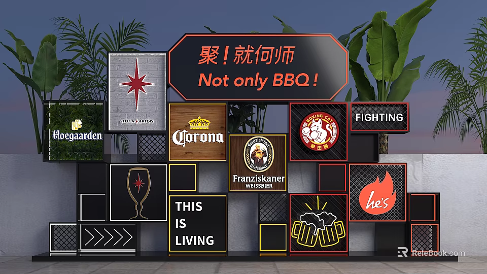 Decorative Background Wall With Brand Logos Framed Signs Green Plants And BBQ Theme Text 3d model 