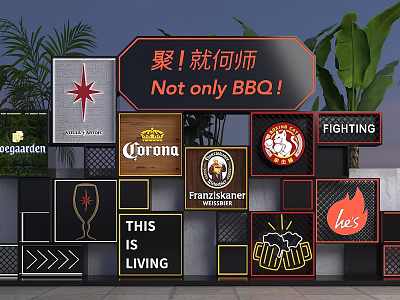 Decorative Background Wall With Brand Logos Framed Signs Green Plants And BBQ Theme Text 3d model