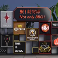 Decorative Background Wall With Brand Logos Framed Signs Green Plants And BBQ Theme Text
