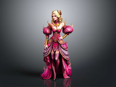 Elegant Woman In Ornate Pink Dress With Puffy Sleeves And Golden Headdress 3d model