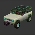 Vintage Off Road Vehicle Featuring White Body Blue Roof Large Tires And Rugged Design