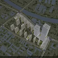 Aerial Planning of Modern Urban High Rise Buildings with Green Spaces and River