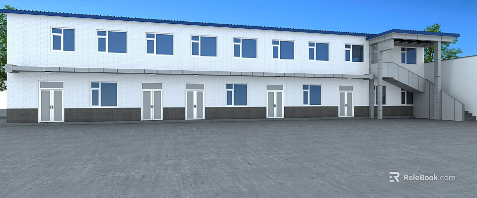 White Two Story Building With Blue Roof Multiple Windows And Doors Open Ground 3d model 