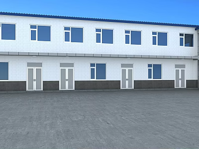 White Two Story Building With Blue Roof Multiple Windows And Doors Open Ground 3d model