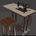 Vintage Sewing Machine On Wooden Table With Pedal And Wheel Details 3d model