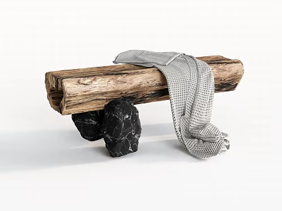 Natural Rustic Wooden Log Stool with Black Stone Base and Gray Knitted Throw 3d model