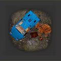 Blue Car with Open Top Near Tree with Orange Flowers Red Chair and Grass