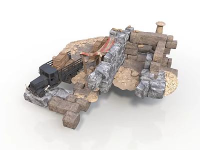 Modern 3D Scene Design With Stone Structures Wooden Elements And Black Truck 3d model