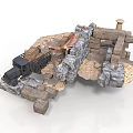 Modern 3D Scene Design With Stone Structures Wooden Elements And Black Truck