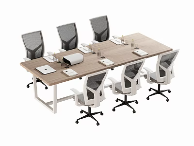 Modern Conference Table With Wooden Top Metal Frame Ergonomic Chairs Notebooks And Cups 3d model