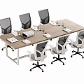 Modern Conference Table With Wooden Top Metal Frame Ergonomic Chairs Notebooks And Cups