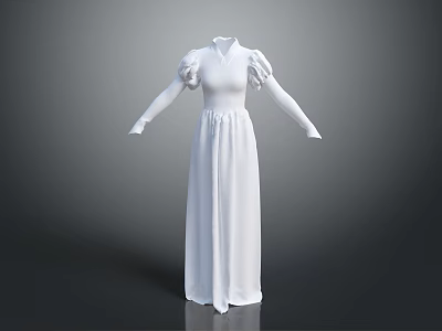 Woman In White Long Dress With Puffed Sleeves V Neck High Waist And Flowy Skirt 3d model