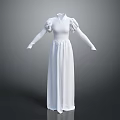 Woman In White Long Dress With Puffed Sleeves V Neck High Waist And Flowy Skirt