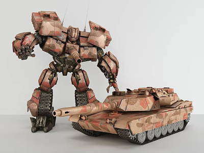 Large Camouflage Mecha Toy Standing Next to Tank Toy on White Background 3d model