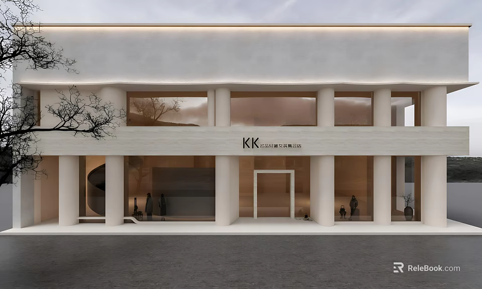 Modern Clothing Store Exterior With White Facade Large Glass Windows And Entrance Mannequins 3d model 