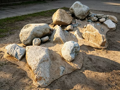 Natural Stones And Wood Garden Arrangement With Sand Grass And Pathway 3d model