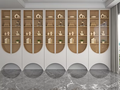 Modern Display Shelves with White Cabinetry Wooden Layers Circular Cutout Designs Showcasing Ceramic Ornaments Books 3d model
