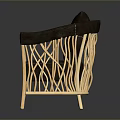 Modern Armchair With Brown Leather Cushion And Wooden Geometric Frame Design