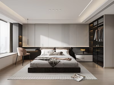 Modern Minimalist Bedroom Interior Design With Bed Bedding Pillows Black Wardrobe Window Chair And Rug 3d model