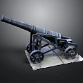 Old Fashioned Black Wheeled Cannon Weapon With Stone Base And Historical Design