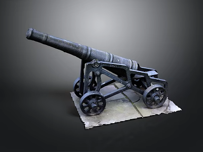 Old Fashioned Black Wheeled Cannon Weapon With Stone Base And Historical Design 3d model