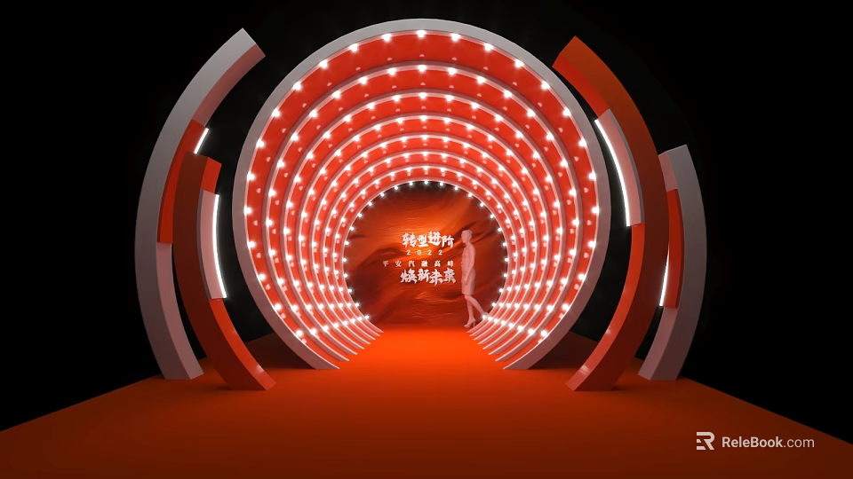 Commercial Exhibition Equipment Red Circular LED Lighting Tunnel with Bright Lights and Red Carpet 3d model 