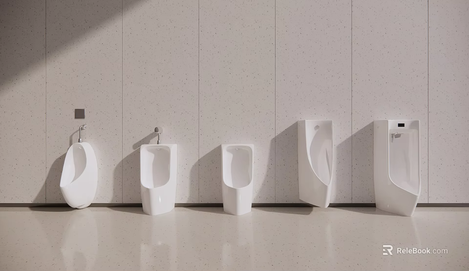 Modern White Wall Mounted Urinals With Different Designs In Clean Bathroom 3d model 