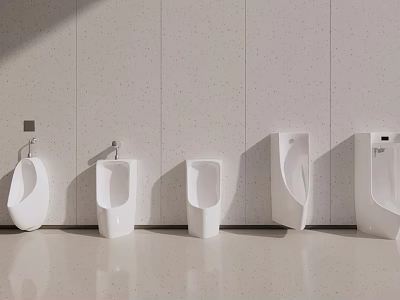 Modern White Wall Mounted Urinals With Different Designs In Clean Bathroom 3d model