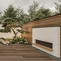 Tranquil Garden Landscape With Wooden Deck Leisure Chair Coffee Table Pine Tree And Stone Features