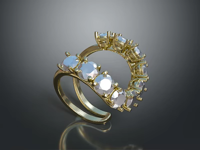 Luxury Gold Ring With Double Band And Round Cut Sparkling Gemstones 3d model