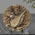 Golden Circular Carved Ornament Set With Pipa Playing Figure And Stand Base