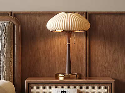 Pleated Beige Table Lamp on Brown Bedside Table with Wooden Wall Background 3d model