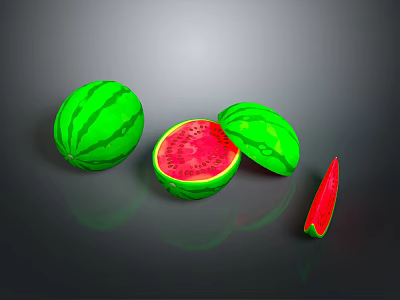 Fresh Watermelon Whole And Cut Open With Sliced Pieces Green Rind Red Flesh 3d model