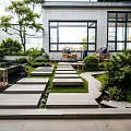 Garden Ornaments in Modern Chinese Courtyard with Water Feature Stone Pathway and Trimmed Shrubs