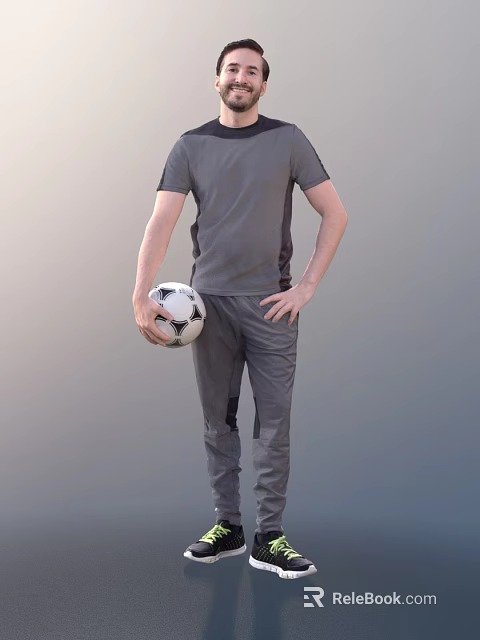 Man in Grey T Shirt and Grey Sports Pants Holding Soccer Ball Against Grey Background 3d model 