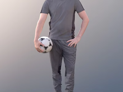 Man in Grey T Shirt and Grey Sports Pants Holding Soccer Ball Against Grey Background 3d model
