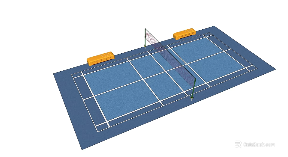 Recreational Blue Sports Court With Central Net White Lines And Yellow Benches 3d model 