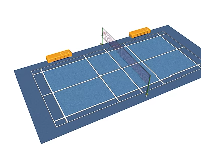 Recreational Blue Sports Court With Central Net White Lines And Yellow Benches 3d model
