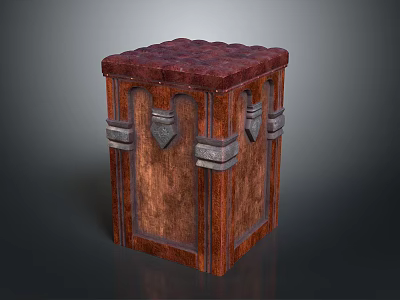 Wooden Storage Box with Textured Red Top and Geometric Metal Accents for Home Decor 3d model
