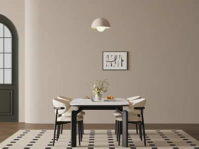 Minimalist Dining Table Set With White Chairs Pendant Light Artwork And Checkered Rug 3d model