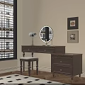 Modern Gray Dressing Table With Round Mirror Stool Table Lamp And Framed Paintings 3d model