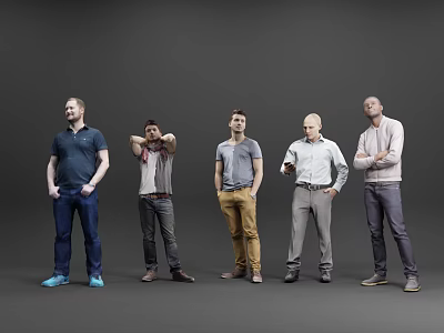 Group of Five Men Standing in Different Casual Attire Against Gray Background 3d model
