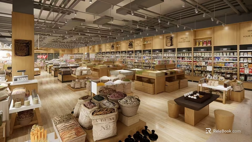 Grocery Supermarket Interior With Wooden Shelves Various Products Bulk Food Displays And Spacious Layout 3d model 