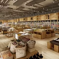 Grocery Supermarket Interior With Wooden Shelves Various Products Bulk Food Displays And Spacious Layout