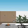 Garden Landscape with Wooden Wall and Wall Lights Fire Pit Green Plants Night Sky Moon