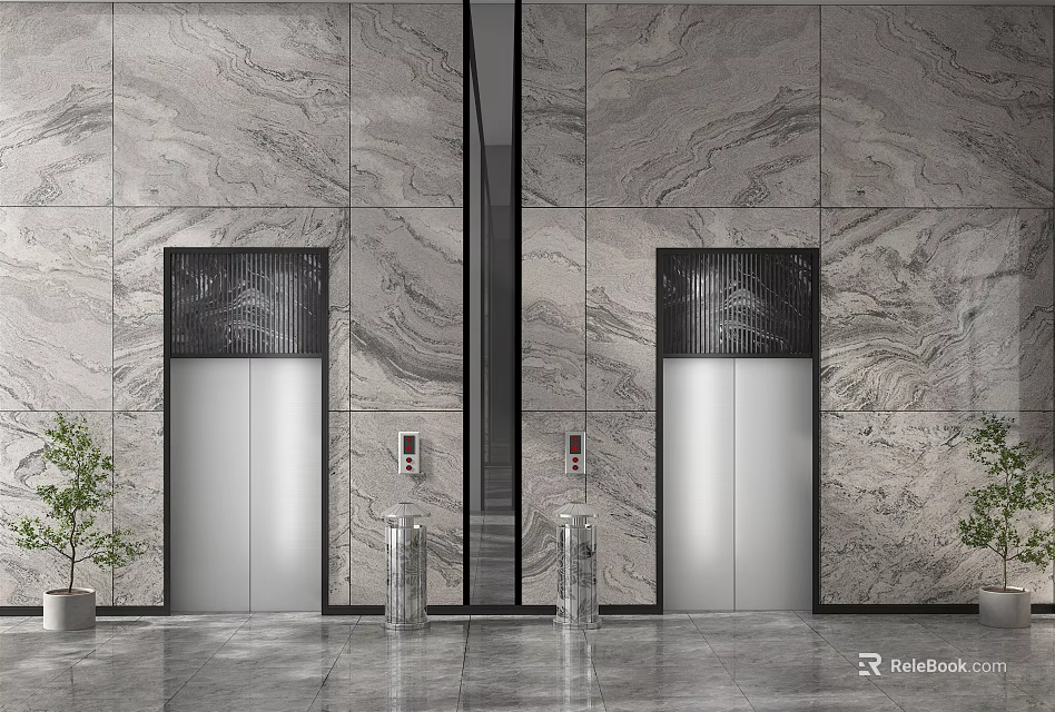 Modern Public Facility Lobby With Elevator Doors Marble Walls And Green Plants 3d model 